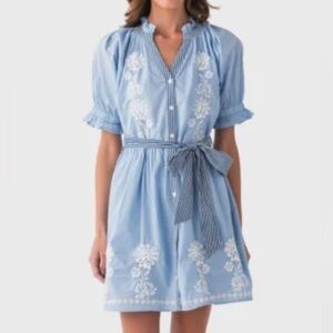 Light Blue Embroidered Button-Front Dress with Waist Tie